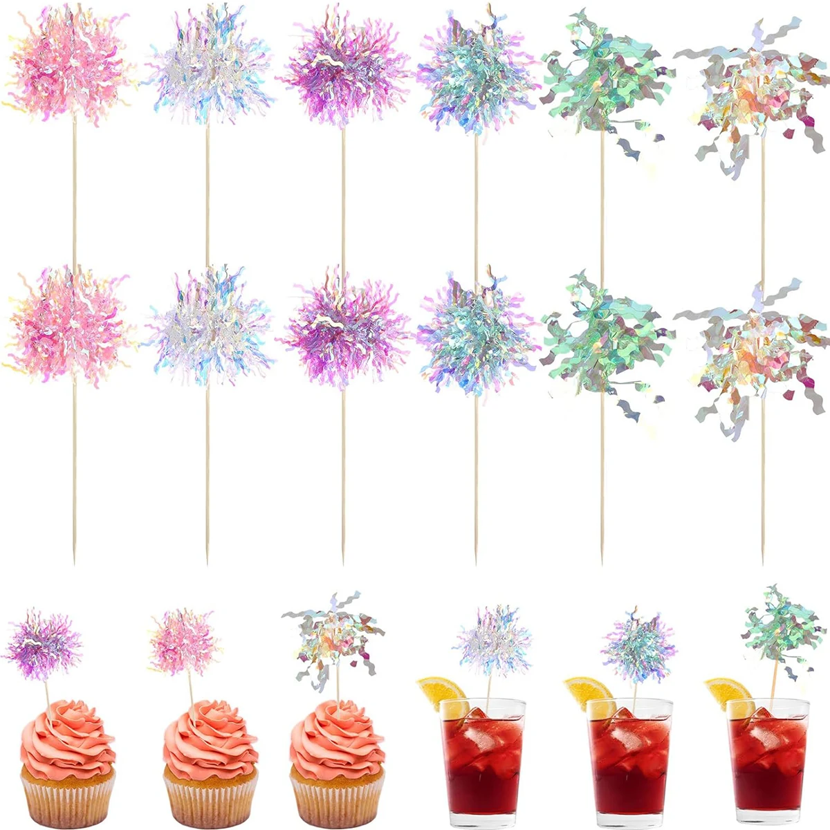 120 Stück Kuchendeckel aus Folie, Feuerwerk, Cupcake-Topper, Blumen, Kuchendekoration, Cocktail-Lebensmittel, Obst, Zahnstocher für Partyzubehör