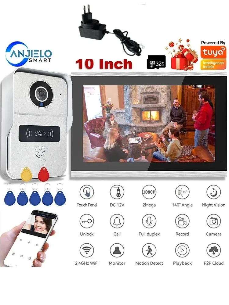 New 1080P 10 Inch 7 Color Touch Screen Wireless Wifi Video Doorbell Smart TUYA Home Intercom Kit for RFID Access Control System