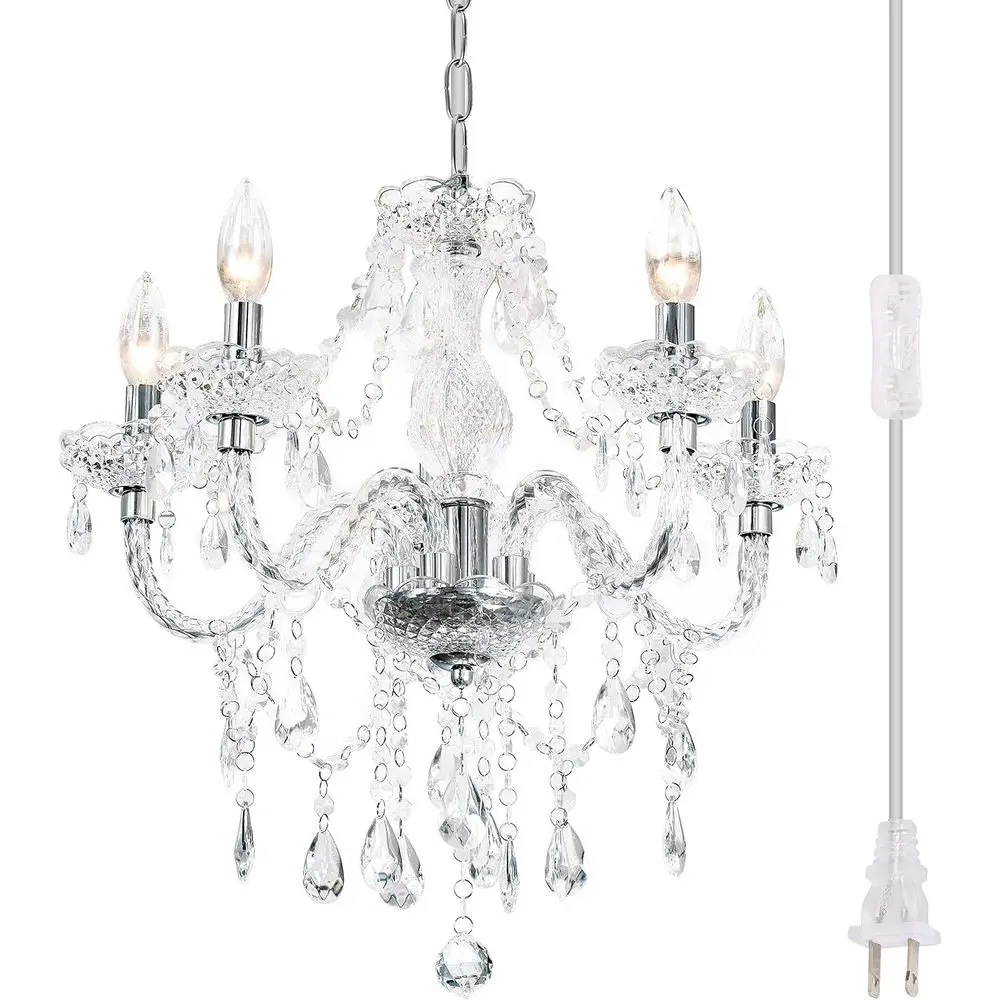 

5-Light Crystal Pendant Light, Acrylic, Clear Cord, On/Off Switch, H19xW19.7 Ideal for Kitchen Island, Dining Area, Laundry Pavi