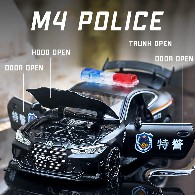 1:32 Scale BMWs M4 Police Alloy Car Model Diecast Car Sound Light Car Lovers Collection Kids Birthday Gift Metal Boys Toys