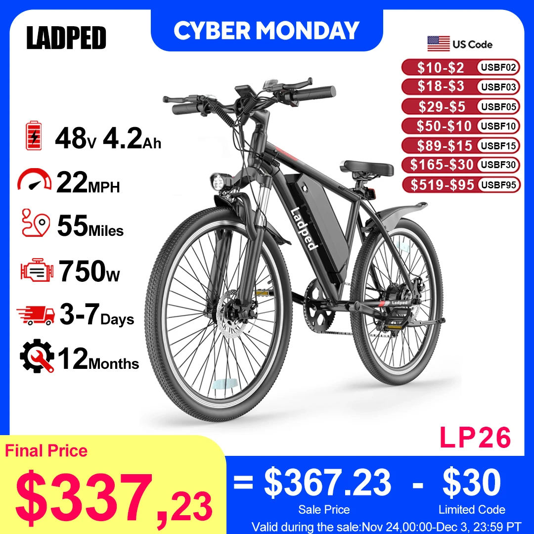 

LADPED Electric Bicycle 26inches Tires 750W E-bike 48V 5.2AH E-Mountain Bike 7 Speed Long Range Ebike Adult Electric Bike