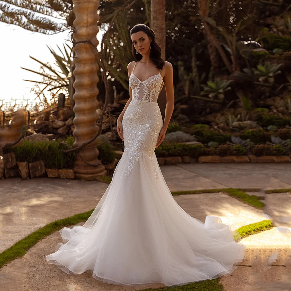 

Modern Wedding Dress for Bride Mermaid Backless Corset Sequined Appliques Spaghetti Straps Sparkling Robe De Mariee Customized