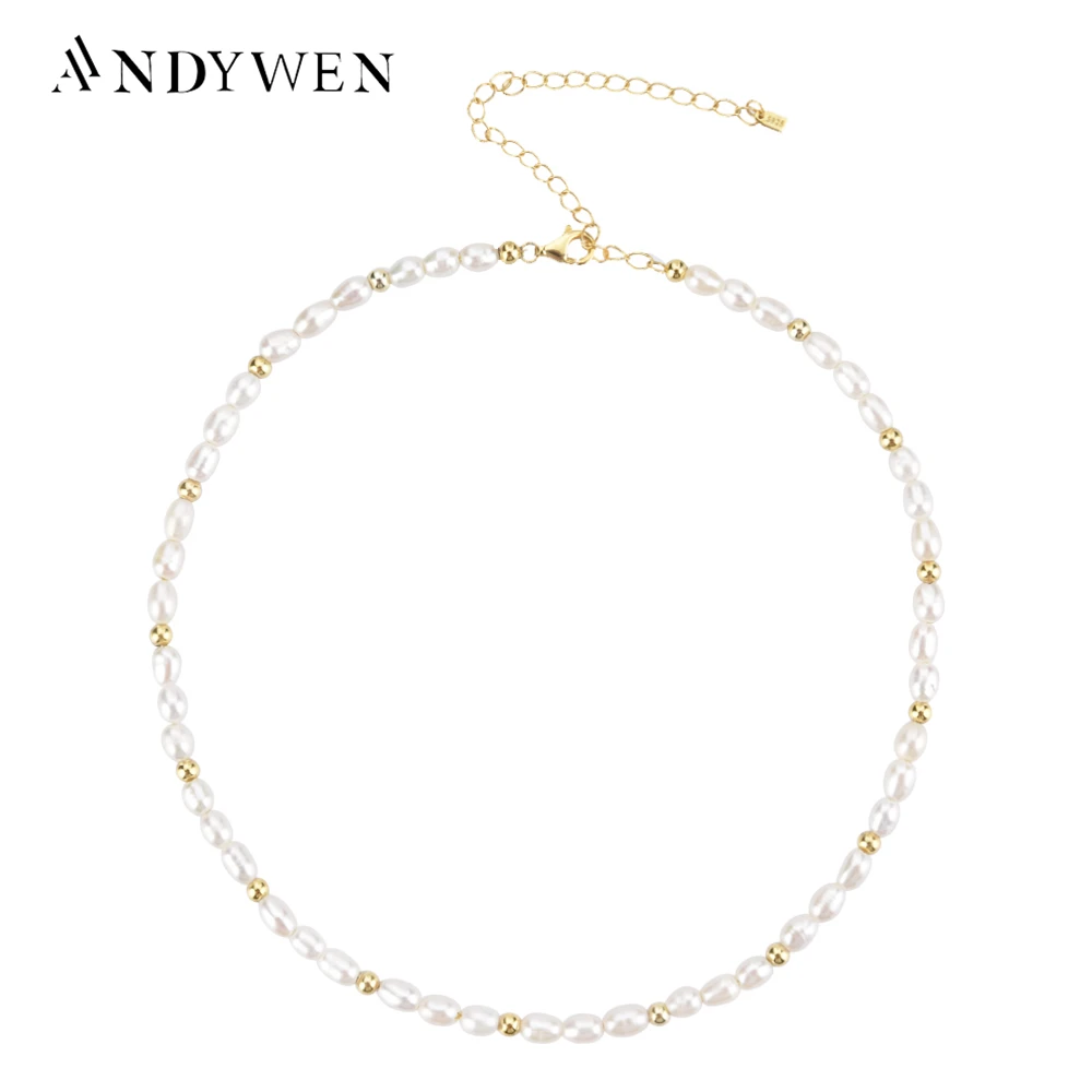 ANDYWEN 925 Sterling Silver Gold Pearl Beads Natural Pearls Choker Necklace Chain Luxury Women Fashion Fine Jewelry For 2021