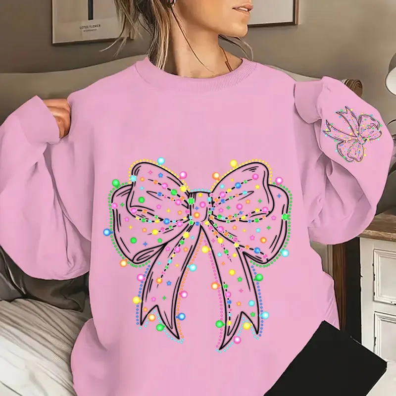 Christmas Lights Coquette Bow Print Sweatshirt Women Harajuku Casual Loose Sweatshirts Fashion Soft Hoodies Autumn Warm Clothes