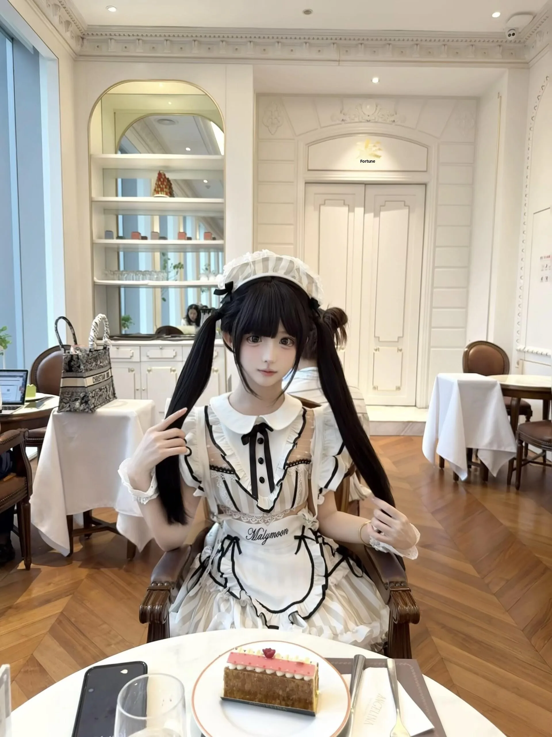 

Sweet And Spicy Maids Uniform Set with Bubble Sleeves Hollow out Splice Mesh Bowknot Top Apron And Puffy Cake Skirt