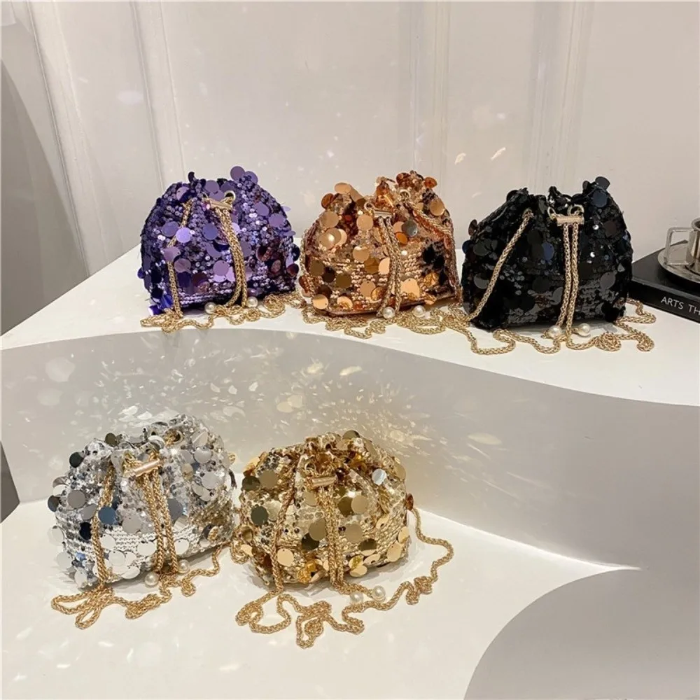 Shiny Glitter Evening Banquet Bag Blingbling Tassel Large Capacity Sequin Shoulder Bag Light Luxury Metal Chain Crossbody Bag