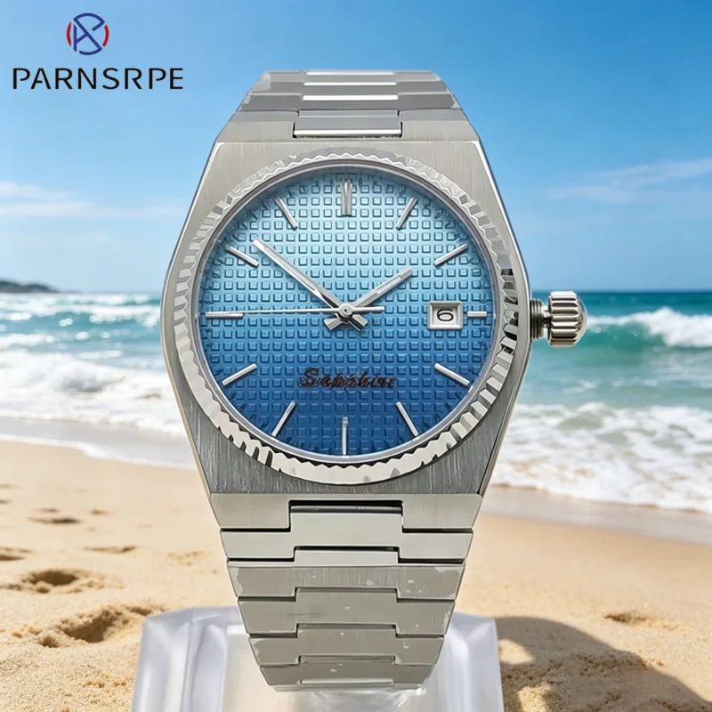 

Japan NH35 mechanical movement gradient blue men's automatic watch, stainless steel waterproof strap, sapphire watch.