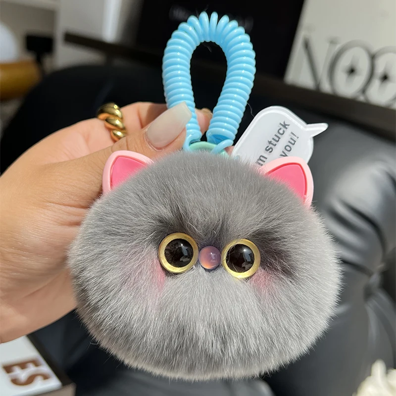Plush Cat Keychain For Women Real Rabbit Fur Ball Kitten Keyring Student Gift Bag Lanyard Bag Pendant Cheap Gift For Friends