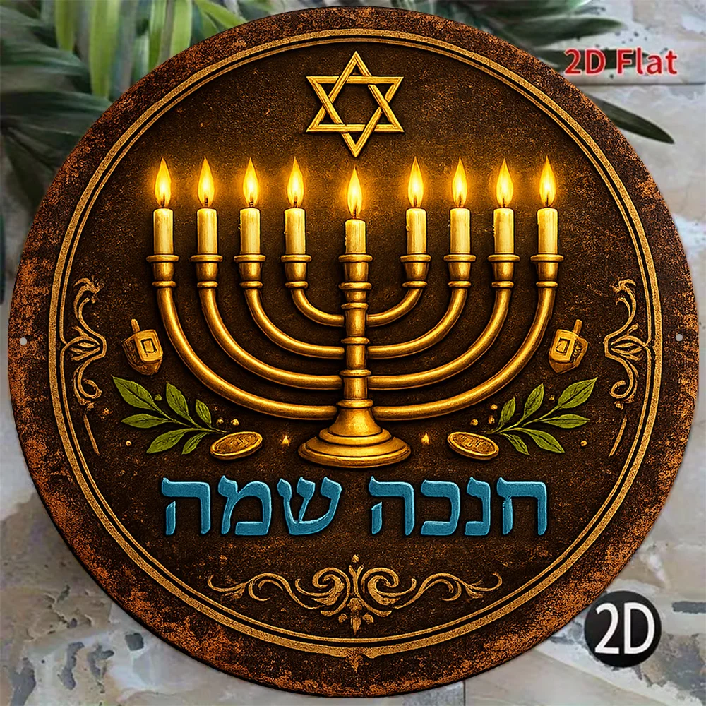 2D Vintage Metal Sign, Hanukkah Menorah Aluminum Plaque, Jewish Holiday Wall Art Decor for Living Room Kitchen Dining Room or Gi