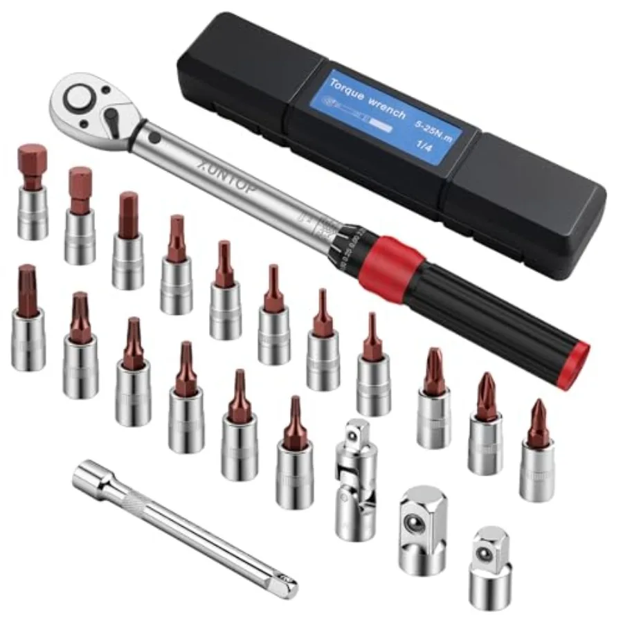 

Набор торцевых ключей 22 шт., 1/4 дюйма, диапазон 5-25 Нм, трещотка с 72 зубьями, с насадками Hex, Phillips, Torx для велосипедов, мотоциклов, автомобилей, шин