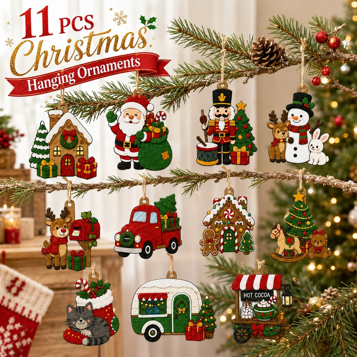 Home Decor Diy - 11個入り 2Dフラットクリスマスフェルトオーナメント、クリスマス吊り下げフェルトデコレーション、DIYホリデーデコレーション、ホームハロウィンパーティーアクセサリー