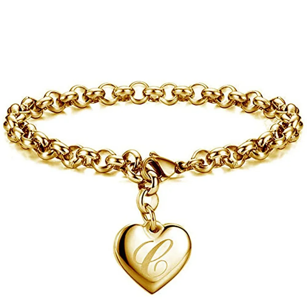 1 pcsNew Gold Color Initial Alphabet Heart Charm Bracelets For Women Stainless steel Link Chain Bracelet With 26 letter Engraved