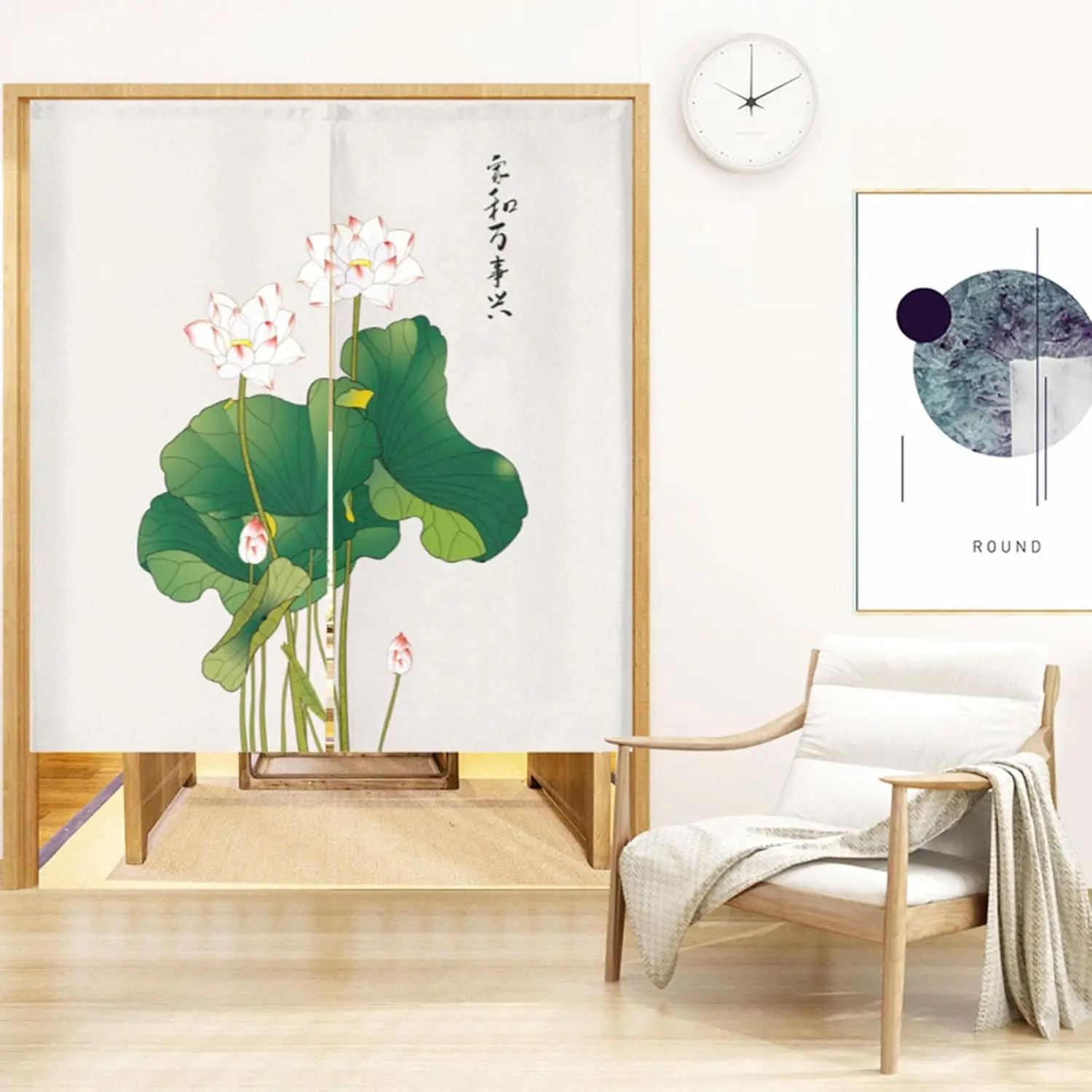 Lotus Noren Curtain, Chinese Style White Background Print For Home & Tea House, Peaceful Oriental Room Divider With Lotus Bud