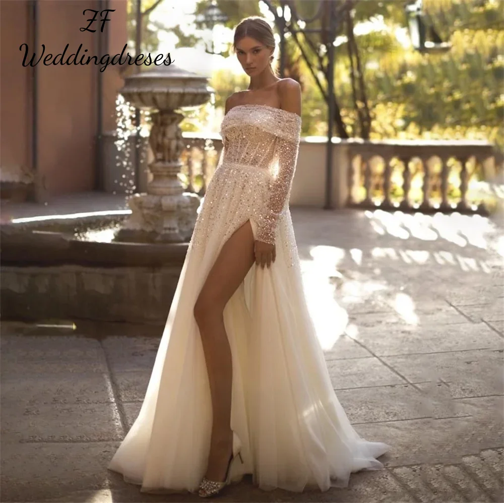 Personalizado lindo vestido de casamento de lantejoulas sexy alta fenda mangas destacáveis vestido de noiva uma linha vestidos de casamento de noiva vestido de nov