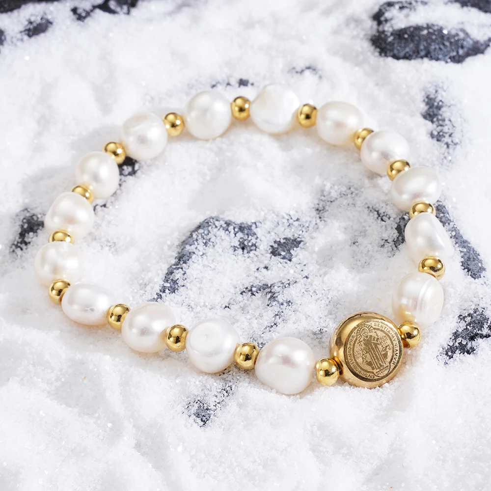الفولاذ المقاوم للصدأ سان بينيتو سوار اللؤلؤ الطبيعي سوار للنساء الذهب معدن St بنديكت ميدالية سوار الدين مجوهرات #6