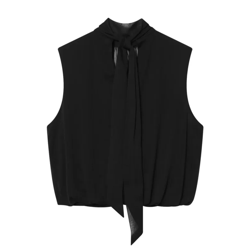 Women's Fold Balloon Version Top Spring Summer High Neck Sleeveless Back Bow Tops Fashion Casual Female Top
