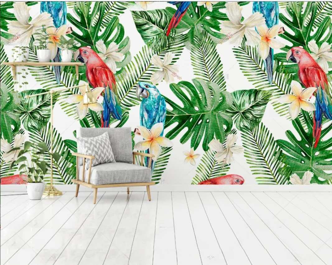 Customized size wallpaper Nordic tropical rainforest banana leaf parrot Bedroom living room sofa background wall 3d wallpaper