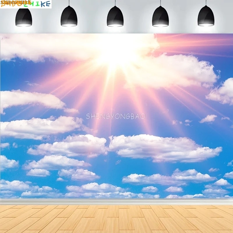 

Radiant Sun Rays White Clouds Blue Sky Photography Backdrops Abstract Peaceful Dove Stairway Heaven Path Photo Background YK-03
