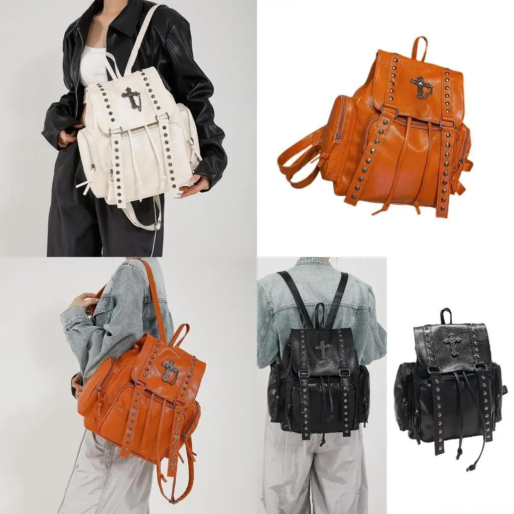X90D Casual School Bag PU Leather Backpack dengan Rivet Detail Esthetic Rucksack