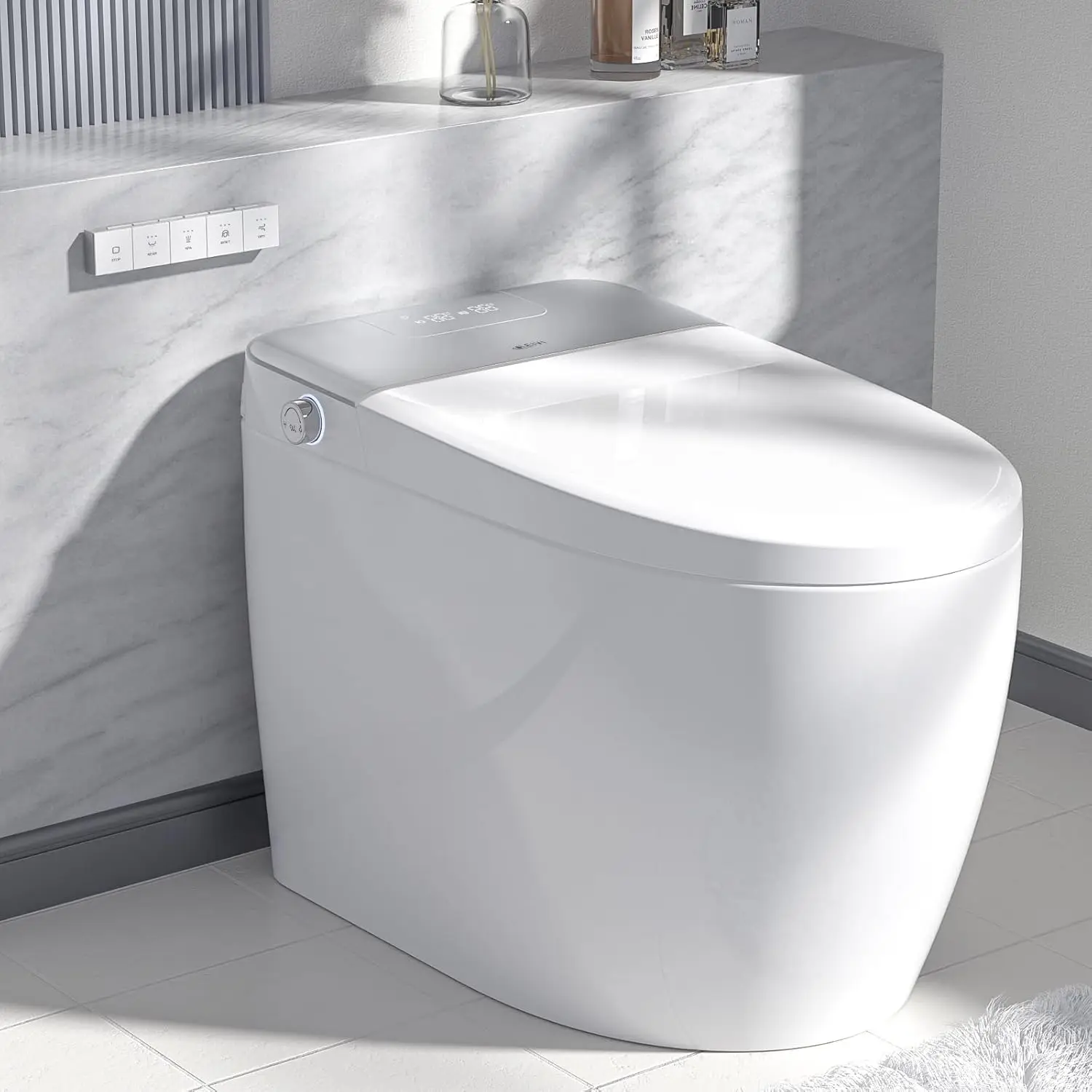 Elongated Smart Toilet Tankless Built-In Bidet Seat Auto Lid Flush Heated Seat Digital Display Remote Included for Bathroom Use