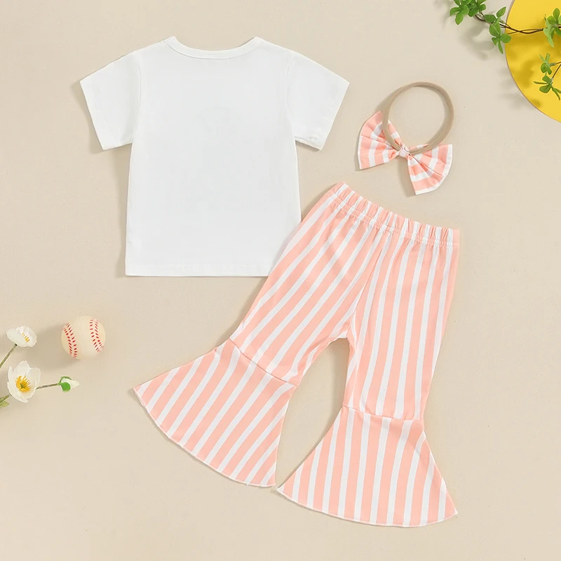 3-Piece Toddler Girls Set Short Sleeve Round Neck Tops Striped Flare Trousers Bow Headpiece Outfits