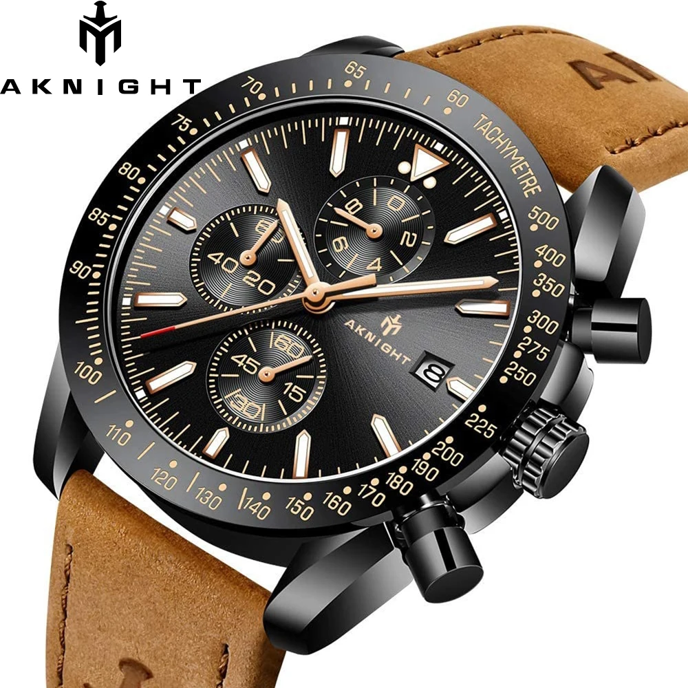 

AKNIGHT Men Quartz Watch Stainless Steel Leather Strap Fashion Sport Waterproof Waches 3ATM Date Clock Relogio Masculino