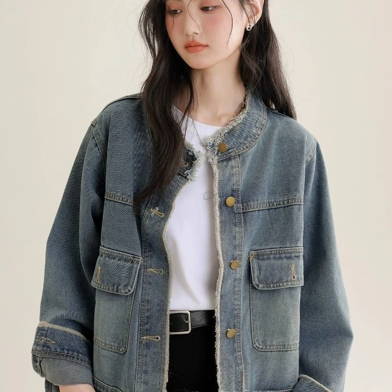 

2025 женская винтажная рваная джинсовая свободная короткая повседневная стильная верхняя одежда