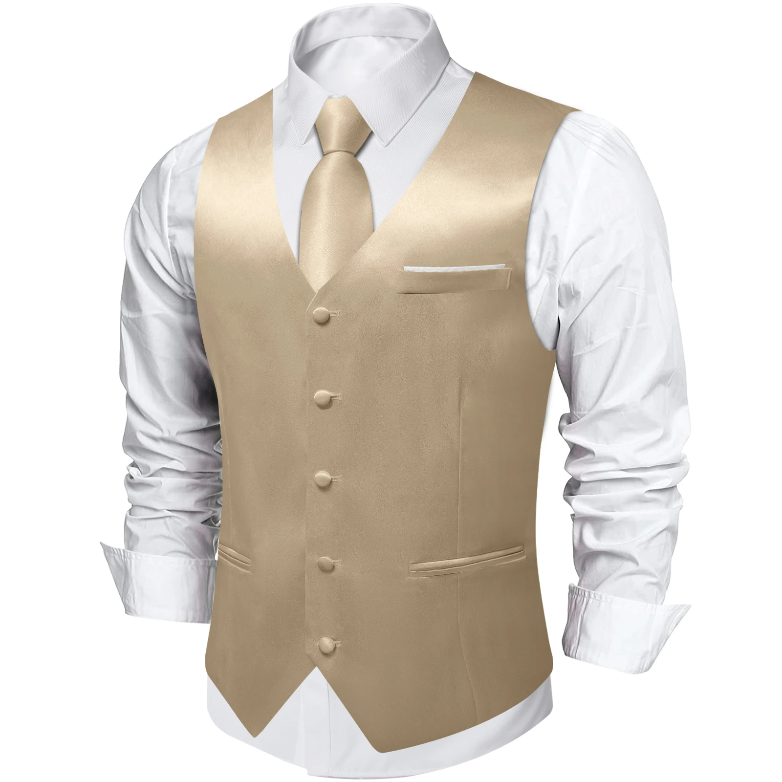 4Pcs Men\'s Champagne Satin Solid Suit Vest with 8cm Neck Tie Handkerchief Cufflinks for Wedding Prom Groom Waistcoat Clothing