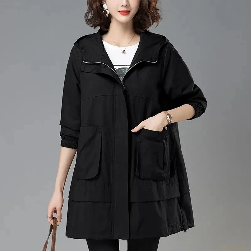 2023Women Trench Coat Hooded Tops Autumn New Coat Long-Sleeved Loose Mid-Length Outerwear Female Windbreaker Gabardina Mujer 4XL