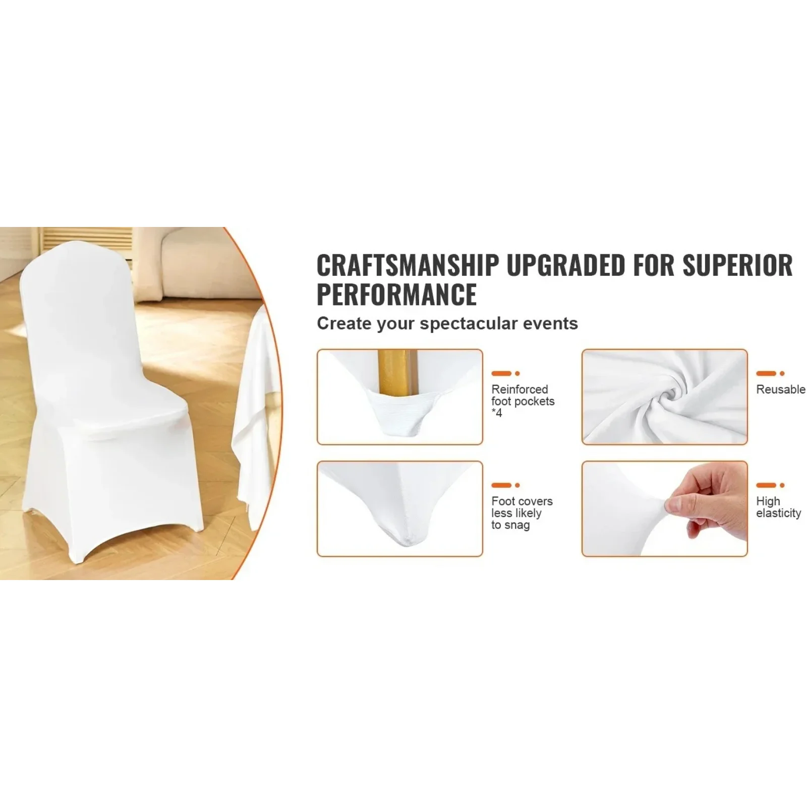 SIHAO 50 to 100 Pack Ivory Elastic Spandex Chair Slipcovers, Detachable Skirt Design, Cold Water Washable Reusable Seat Covers for Wedding Receptions & Banquet Events