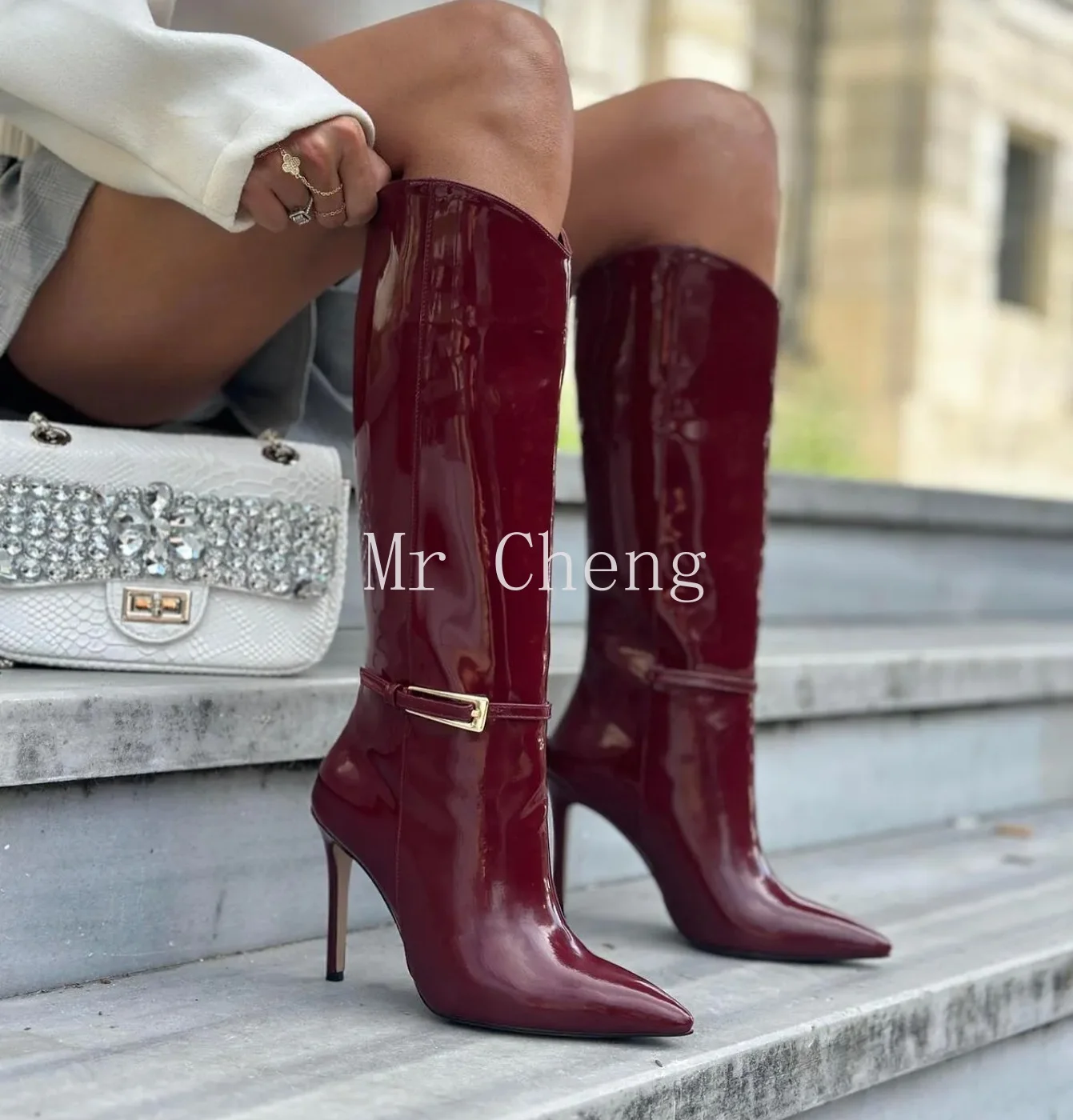 Burgundy Knee High Women Boots Thin High Heel Sexy Pointed Toe Strap Decor Solid 2024 Fashion Women Boots Winter Autumn Slip On