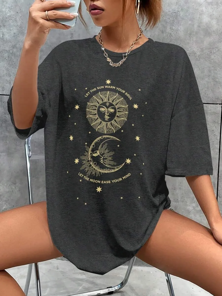 

Plus - Size Mystical Sun & Moon Graphic Tee, Dark Grey Short - Sleeve with Inspirational Slogans