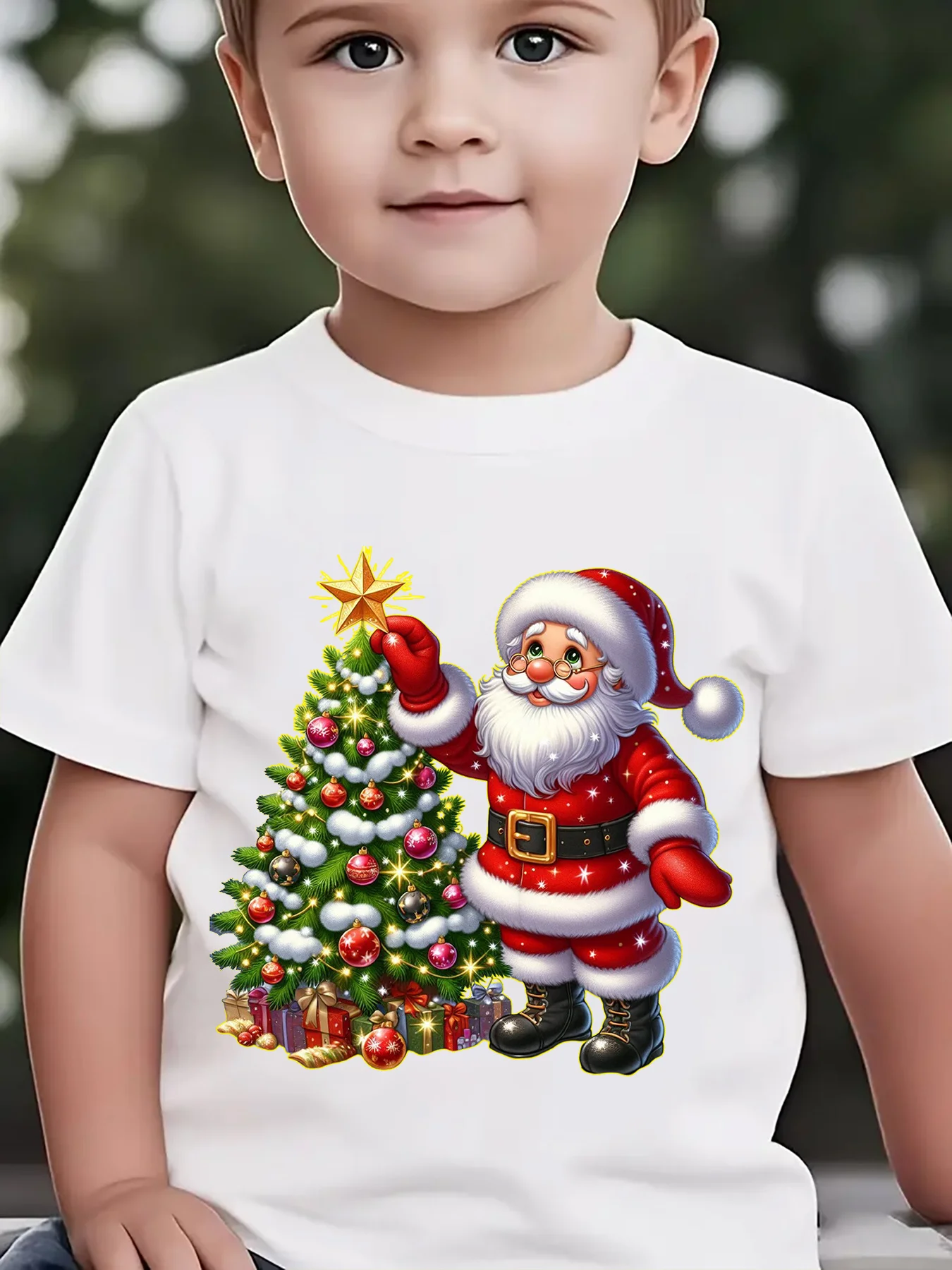 Kids Boys Girls Family Matching T Shirt Santa Decorate Christmas Tree Print Short Sleeve Tee Xmas Parent Child Daily Party Tops