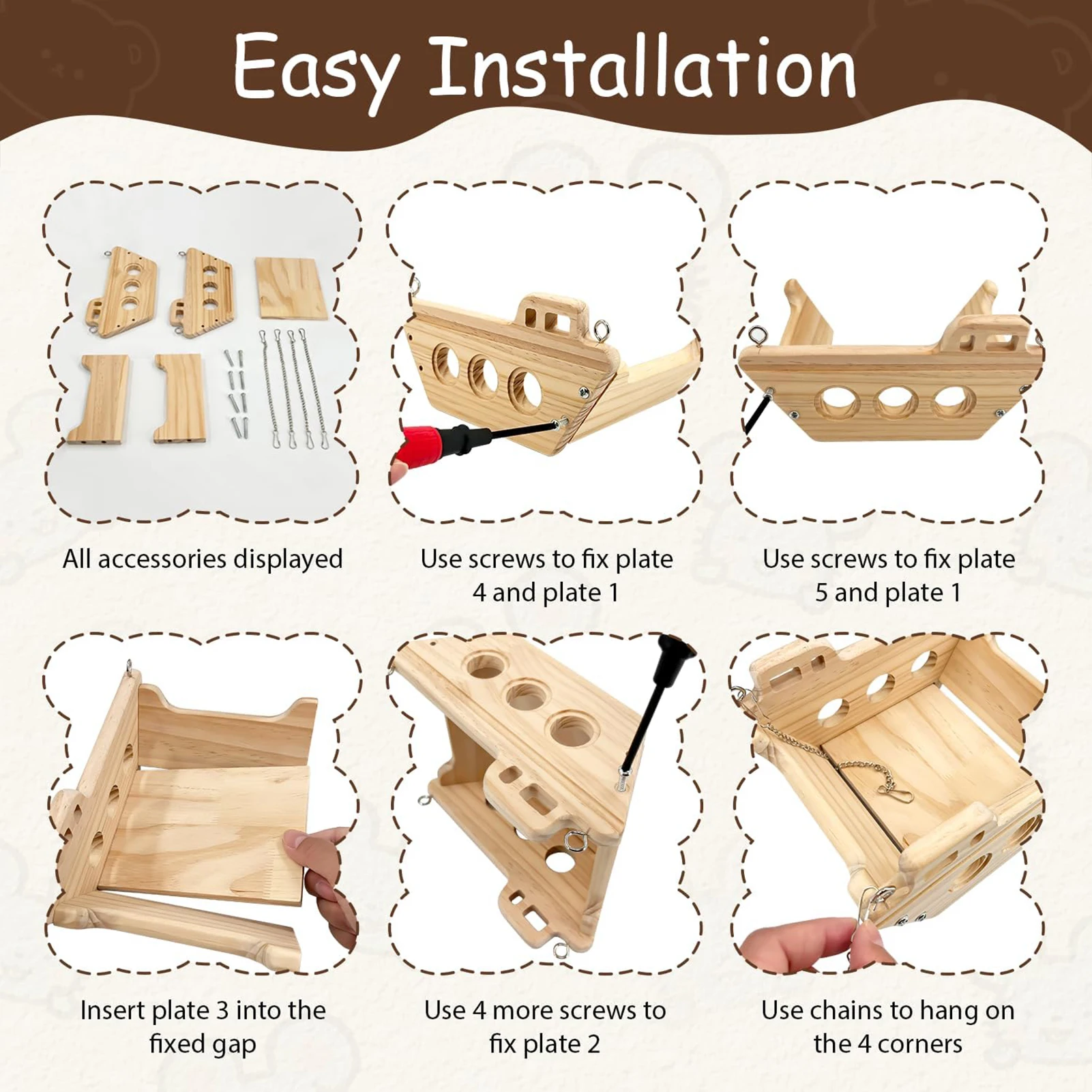 Hängematte aus Holz für Haustiere, Plattform für Kaninchen, Chinchillas, Hamster, Kiefernholz, sicher, kaubeständig, Käfigzubehör mit verstellbarer Kette – Detail 8