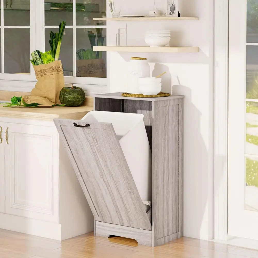 

Wooden Tilt-Out Trash Bin with Dog-Proof Lid, Ideal for Kitchen, Living Room, and Bathroom in Grey