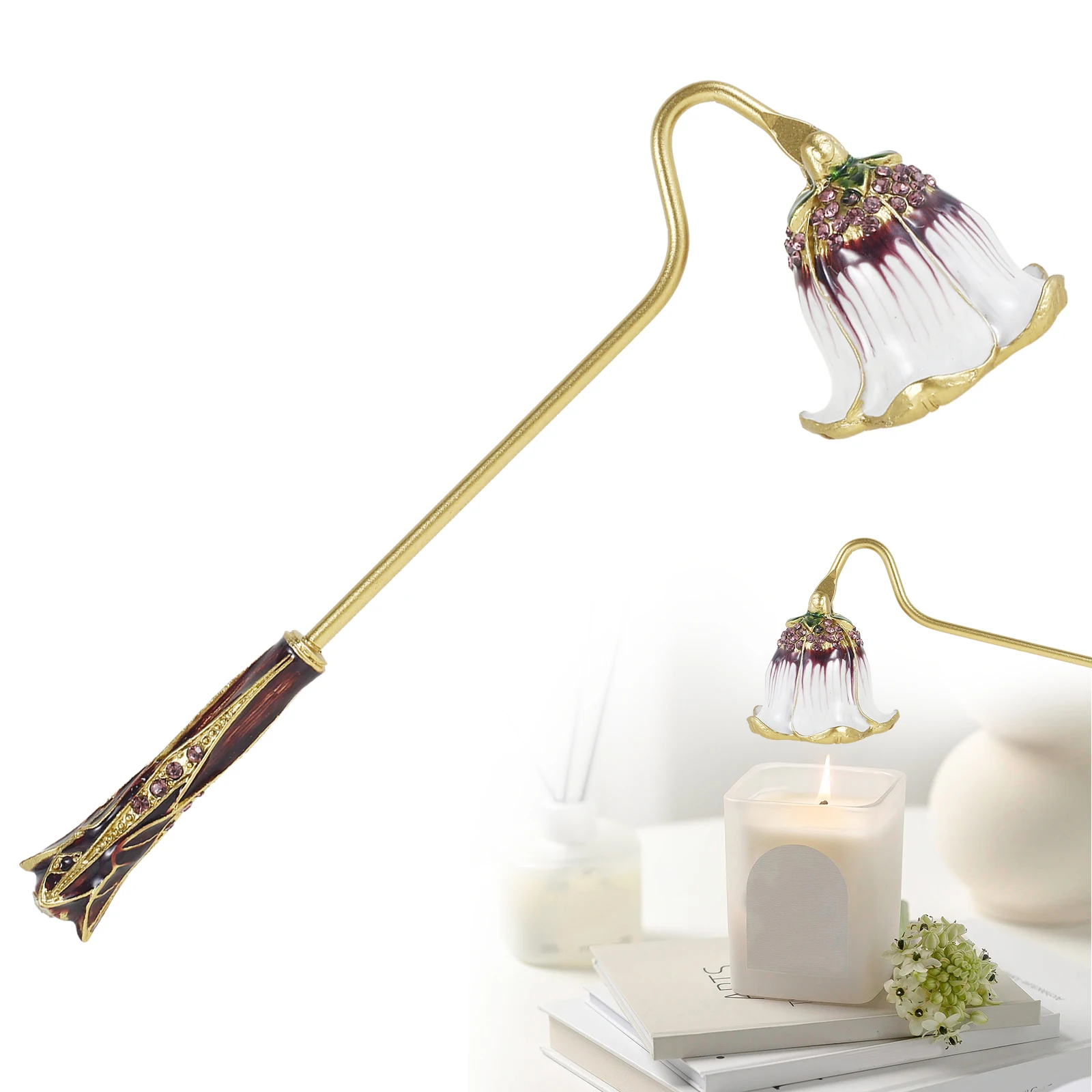 Metal Candle Snuffer With Rotatable Handle Vintage Flower Shape Candle Extinguisher Easy to Use Faux Crystal Decorative Wick