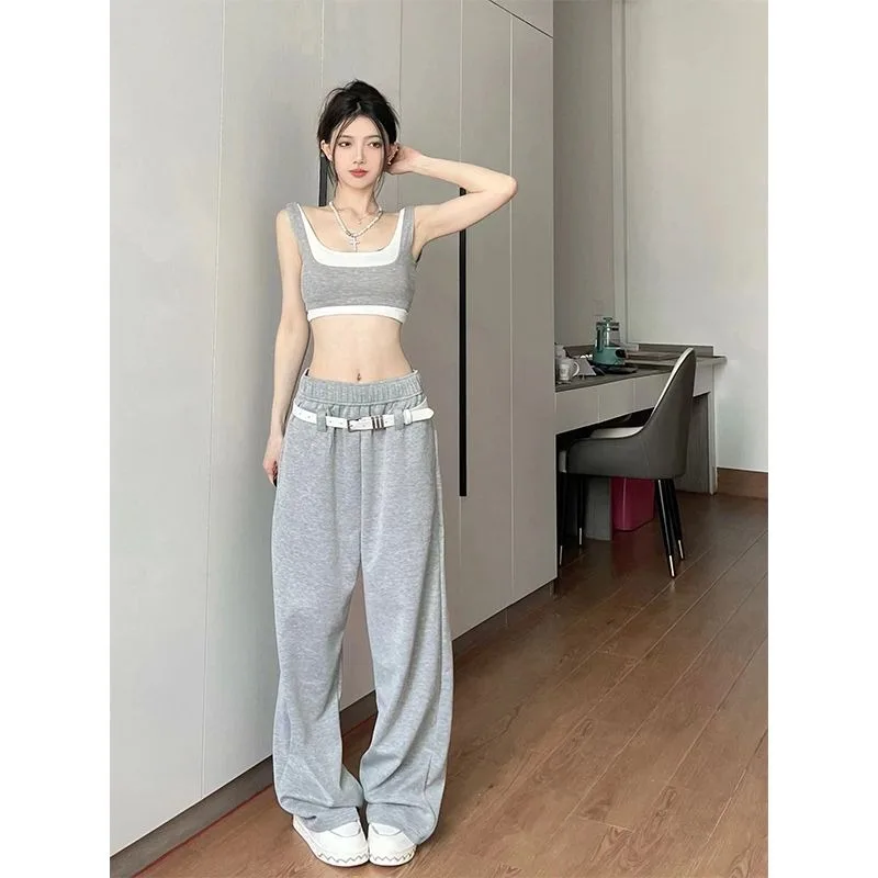 Spicy Girl Fashion Fake Two-piece Bra Wide Leg Pants Two-piece Set Women Patchwork Midriff-baring Casual Sports Summer Lady Suit