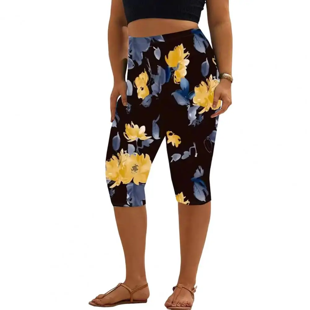 Women's Cropped Pants High Waist Digital Flower Print Elastic Waist sporty pants pocket Trousers