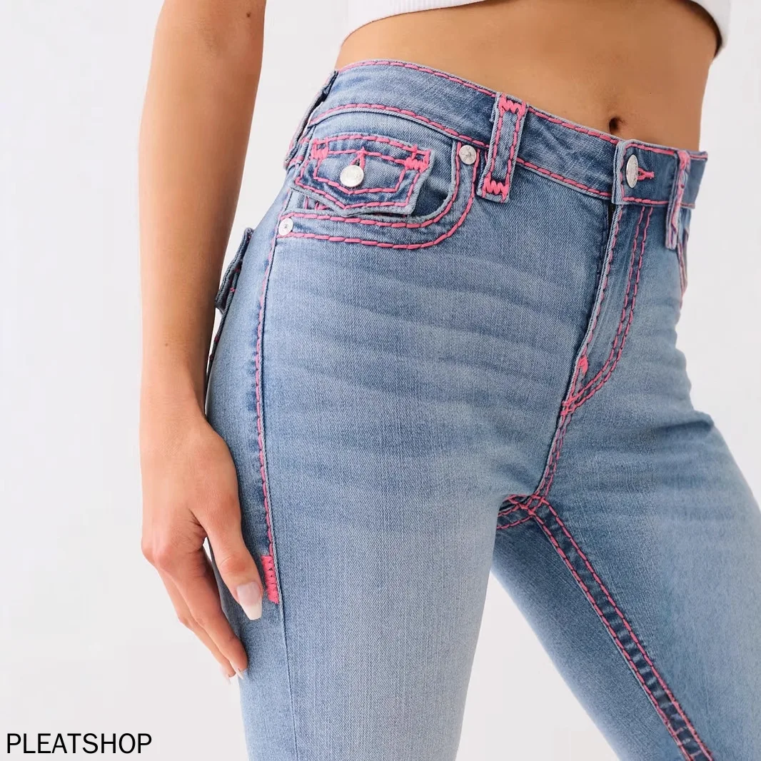 European and American Tight Jeans for Women Y2k High Street Hotties Low Waist Pink Line Pants
