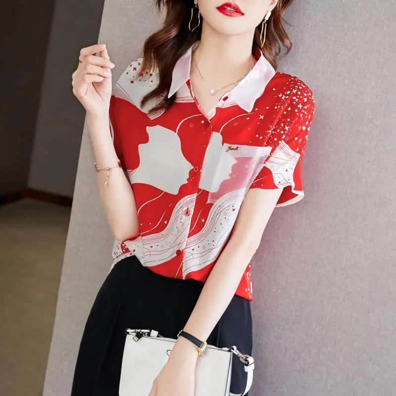 Vintage Printed Spliced Pockets Gauze Lapel Diamonds Oversized Chiffon Shirt Summer Casual Tops Loose Commute Women\'s Blouse