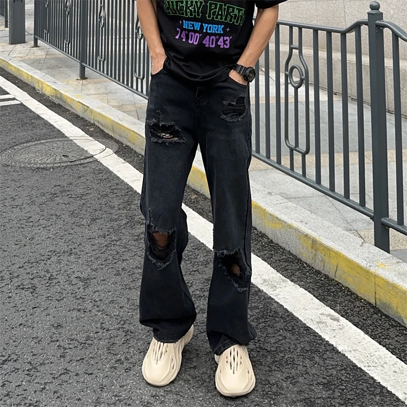 

Men's New Black Baggy Straight Jean Pants Summer High Street Washed Ripped Jeans y2k hombre Casual Wide Leg Denim Trousers