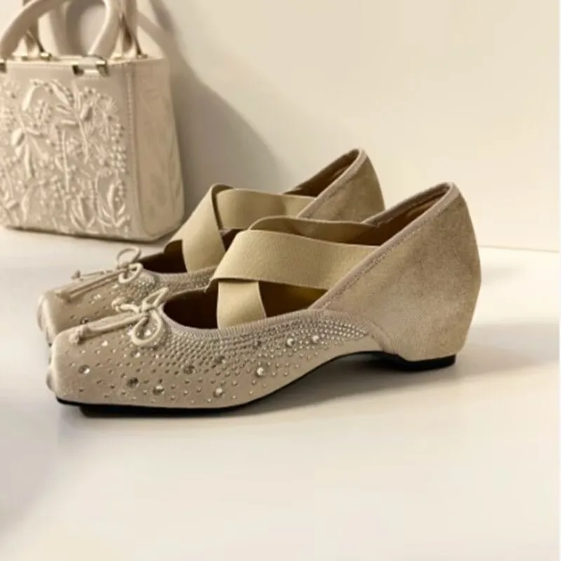 

2026 Europe And America New Women Luxury Cross Strap Ballerina Square Toes Solid Colors Crystal Butterfly Knot Designer Shoes