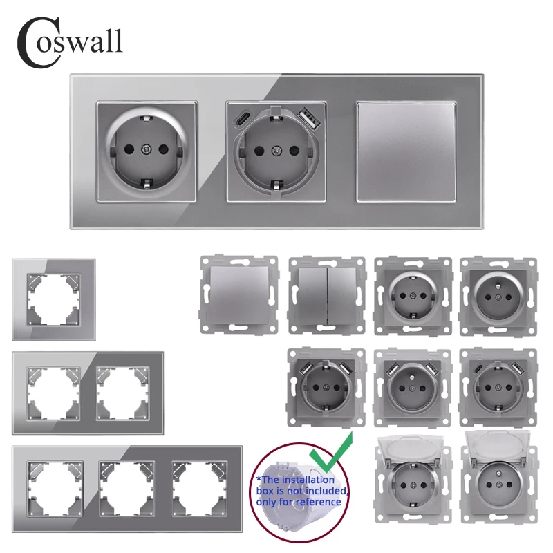 Coswall D1 Series Glass Grey Panel Wall Light Switch EU/France Standard Socket USB Charging CAT6 Internet Satellite Module DIY