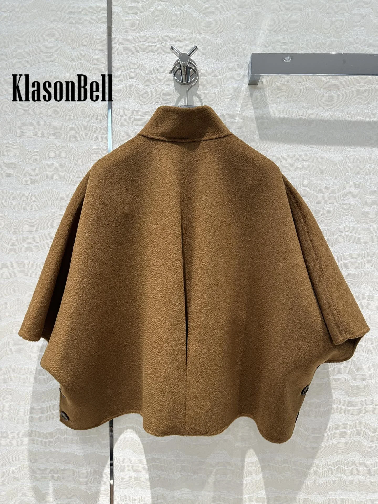 8.11 KlasonBell Women\'s Temperament Cashmere Wool Cloak Jacket Contrast Color Pocket Stand Collar Button Short Sleeve Coat