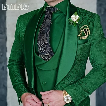 DMDRS | Jacquard Men's 3-piece Suit Set Formal Party Dress Groom's Tuxedo High Quality Elegant Men's Customized Outfit 2