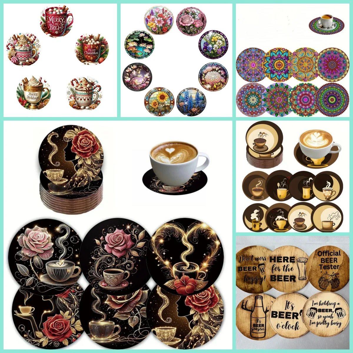 5/8/6 Pieces of Round Coaster Mandala, Coffee Cup Pattern, Unique Wooden Material Design, Essential for Tea Set in Home Living