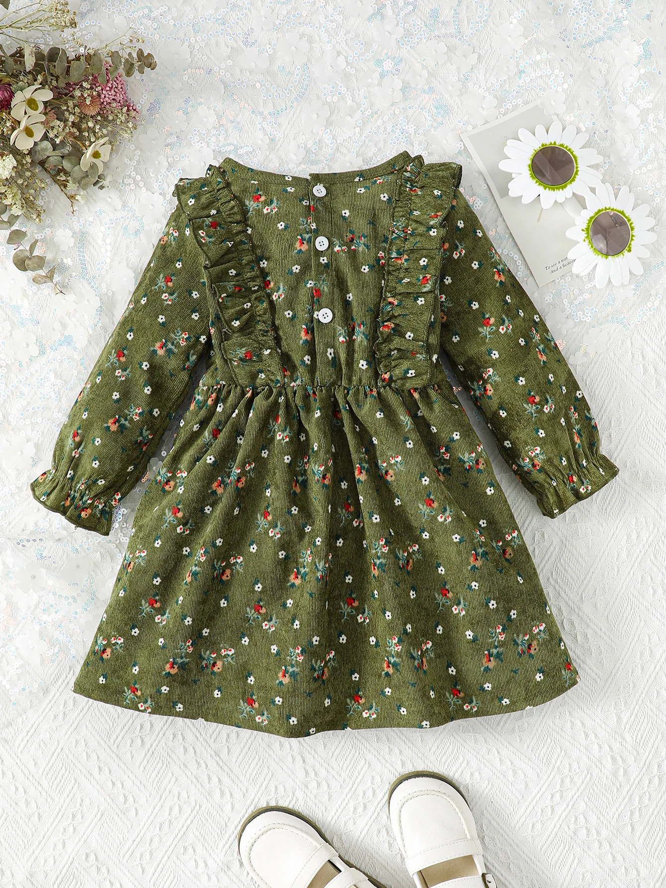 Kid Toddler Girls Dress Floral Print Button Front Ruffle Long Sleeve Corduroy Dress One Piece Casual Dress For Fall Green