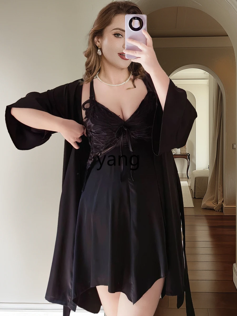 LMM fat mm large size sexy pajamas chest pad butterfly suspender nightdress long sleeve ice silk suit spring and summer