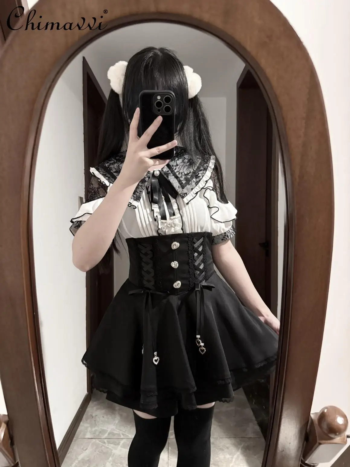 

Japanese Mass-Produced Sweet Bow Lace Patchwork Short Sleeve Shirt Summer New Cute Girl Skirt Womens Kawaii Lolita Two-Piece Set