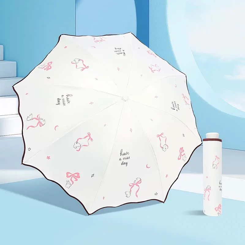 Cute Bow Bear Print Folding Sun Umbrella Black Rubber Windproof Rainproof Umbrella with Wave Edge Daily Travel Outdoor Pastel